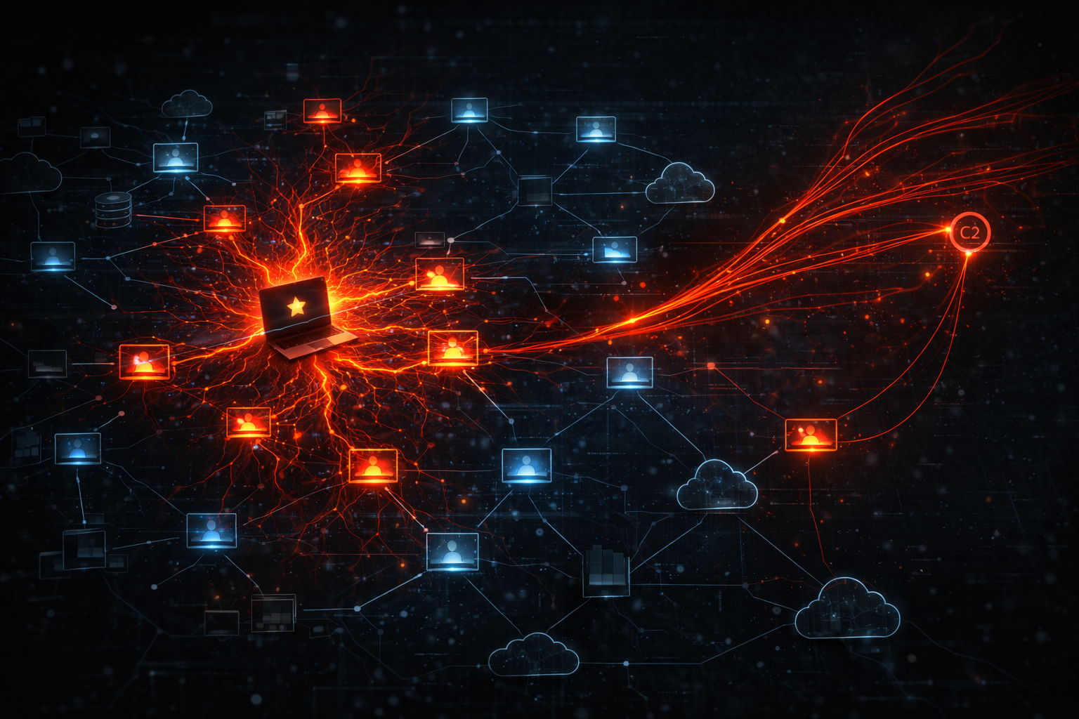 Lateral spread across hosts and cloud instances, with C2 exfiltration